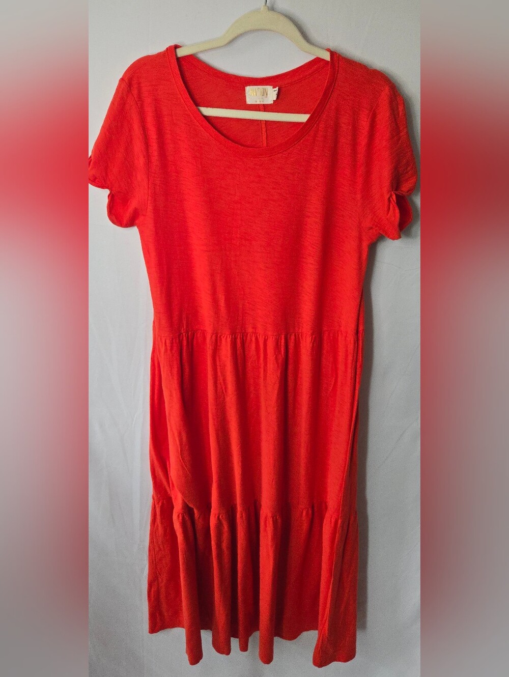 Nation LTD Women’s M Pima Cotton Red Orange  Short-Sleeve Tiered Jersey Dress